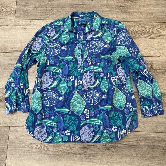 Talbots Popover Shirt Womens 2X Blue Under The Sea Print Cotton tropical fish - Picture 2 of 5